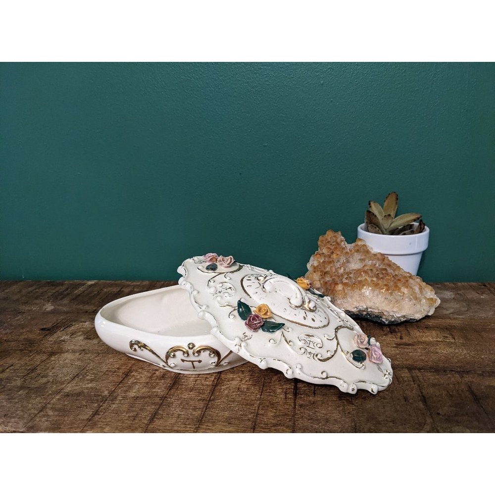 Vintage White Porcelain Lidded Box with Applied Yellow and Pink Roses